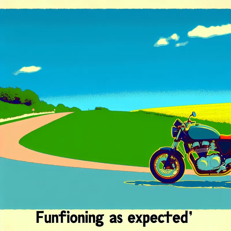 Felgekleurde motorfiets rijdt soepel op een kronkelige weg onder een heldere blauwe lucht en omringd door groene velden.