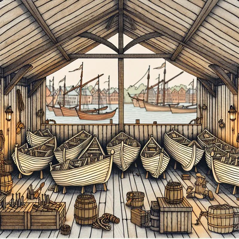 Kartonnen illustratie van een sfeervolle motorloods aan de haven, met opgeslagen boten, gereedschap en tonnen in een warme, nostalgische setting