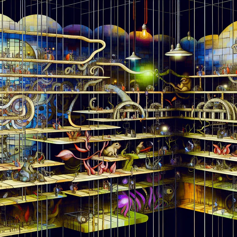 Surrealistisch kunstwerk van een multi-niveau technisch systeem in een fantasiegebouw, met vreemde wezens en machines op elke etage.