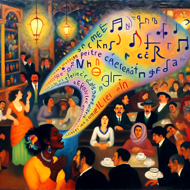 Een levendige scène in een café met een central karakter die animated spreekt, omringd door diverse mensen die reageren op de klank variaties van spraak.