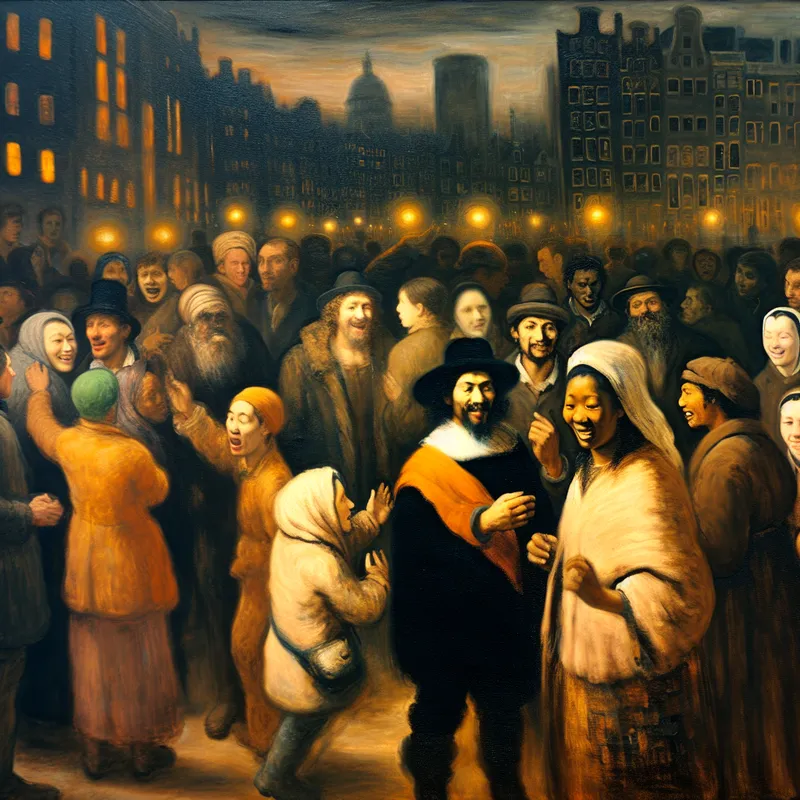 Drukke stedelijke straatscene bij schemering met diverse mensen die met elkaar communiceren