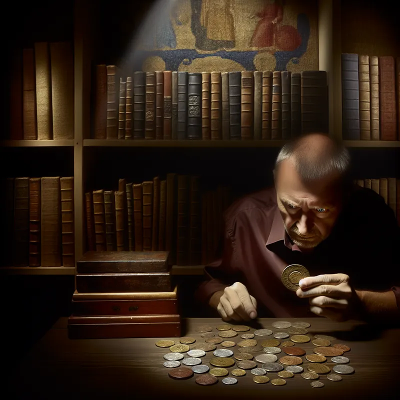 Muntverzamelaar onderzoekt een zeldzame munt in een historisch studeerkamer onder zacht licht.