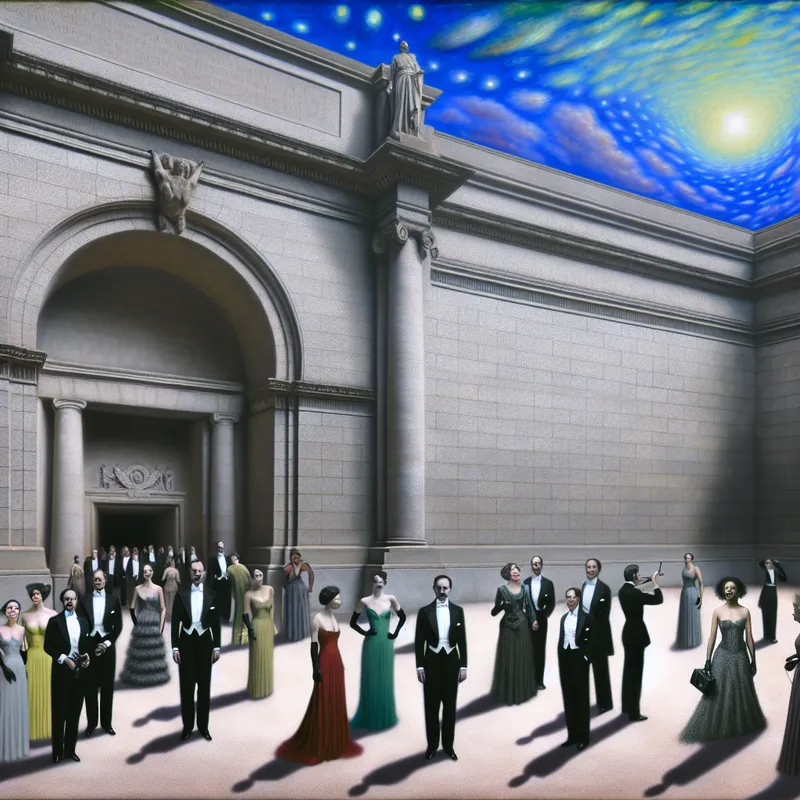 Hyper-realistische afbeelding van de imposante ingang van een museum, met elegant geklede mensen in de rij