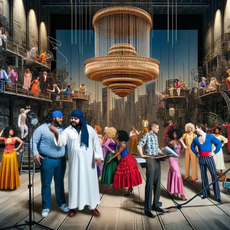 Groep muzikanten in kleurrijke kostuums repeteren voor een musical, met een indrukwekkende chandelier boven hen.