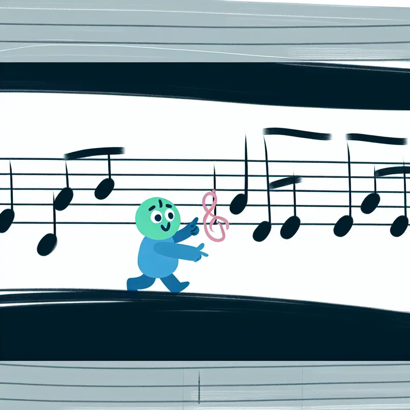 Minimalistische illustratie van een muzikale score met vette accenten op bepaalde noten, in een stijl die lijkt op Dick Bruna.