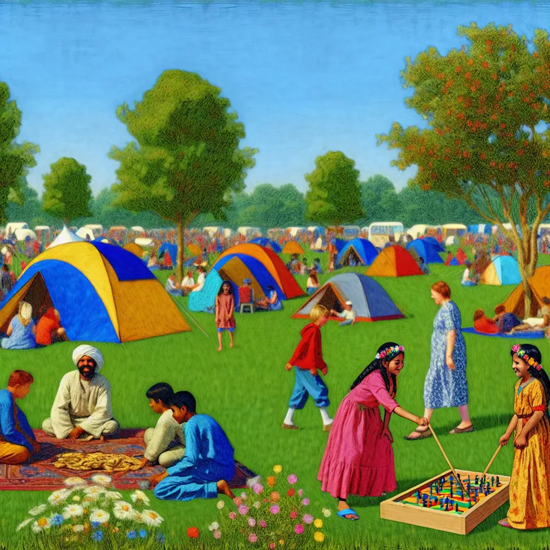 Een levendige muziekfestsfeertje met diverse mensen die in kleurrijke tenten kamperen op een groene weide.