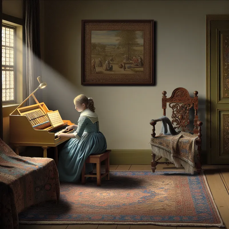 Jong meisje oefent op een klavecimbel in een rustige, Vermeer-achtige kamer met zacht licht en rijke details