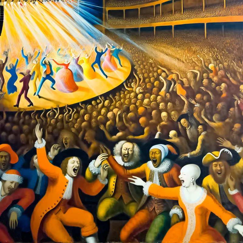 Een levendige scène uit een muziekvideo met een kleurrijk podium, performers en felle lichten, en dansende songteksten op een groot scherm.