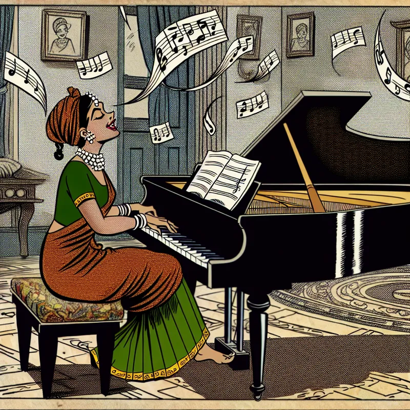 Cartoon in de stijl van Marten Toonder met persoon die piano speelt