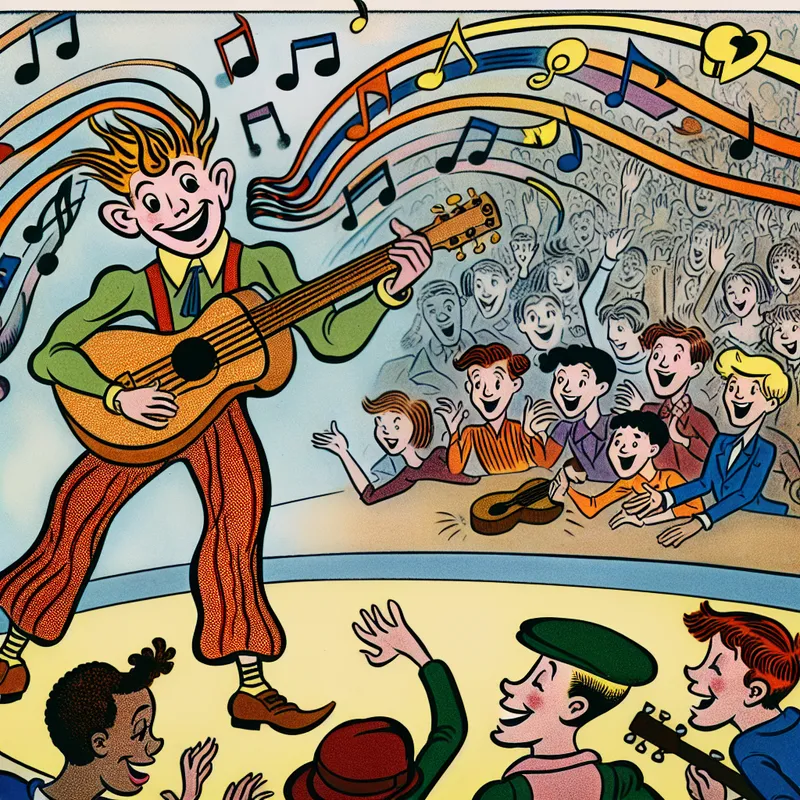 Cartoon scène van een muzikant op het podium, omringd door jonge artiesten die gefascineerd naar zijn gitaarspel kijken, met kleurrijke geluidsgolven die zich verspreiden.