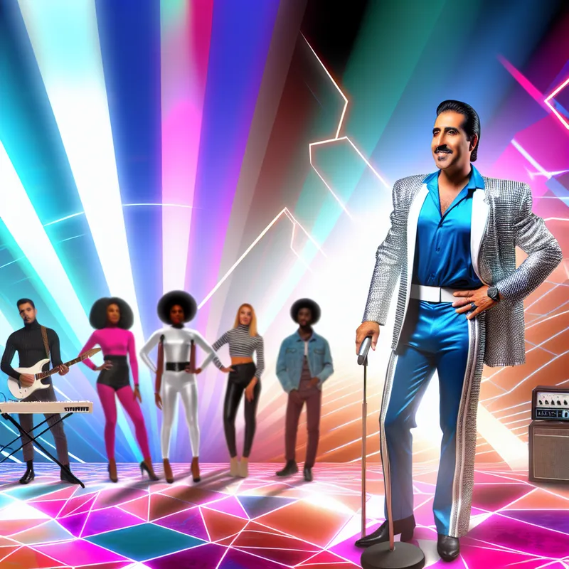 Een muzikant staat in de schijnwerpers omringd door een enthousiast publiek in een retro-futuristische sfeer met abstracte kleuren en geometrische patronen.