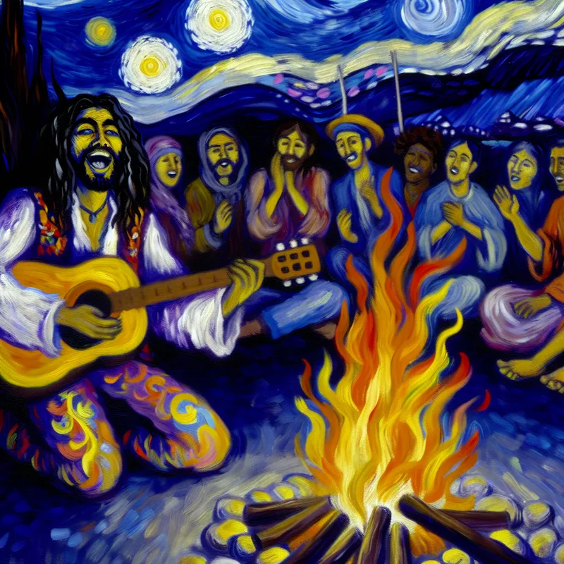 Een muzikant met lang haar in een kleurrijk bohemian outfit speelt gitaar en zingt onder een sterrenhemel bij een kampvuur, omringd door enthousiaste luisteraars die meeklappen en zingen.