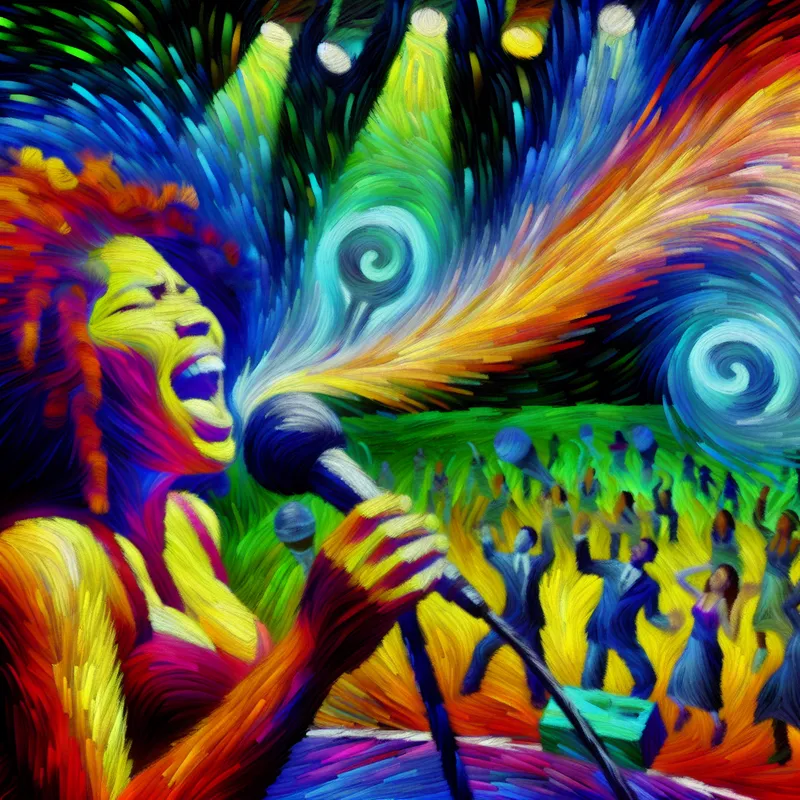 Zanger op het podium met een vreugdevolle uitdrukking, omringd door kleurrijke geluidsgolven en een levendig publiek