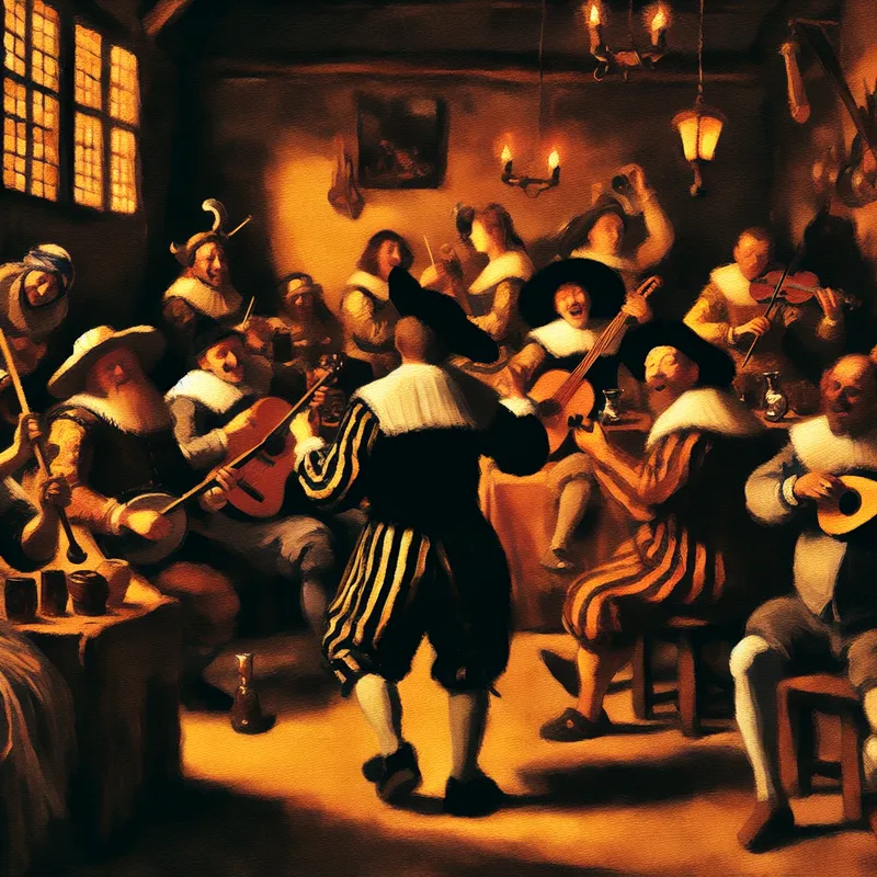 17e-eeuwse muzikanten die samen spelen in een gezellige Nederlandse taverne, geschilderd in de levendige stijl van Frans Hals