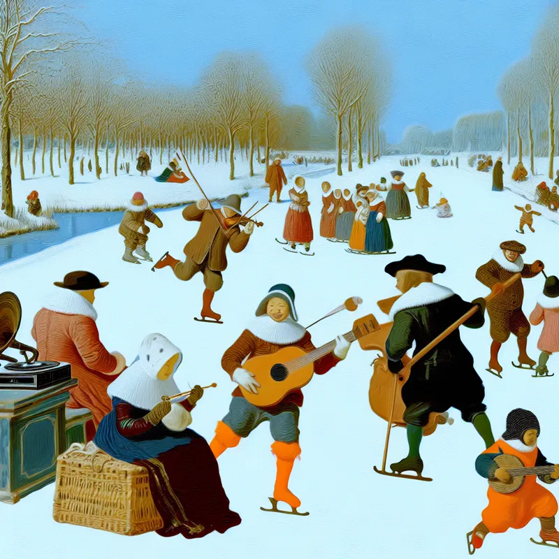 Vibrante winterlandschap met muzikanten die een levendige optredens geven te midden van een besneeuwd decor