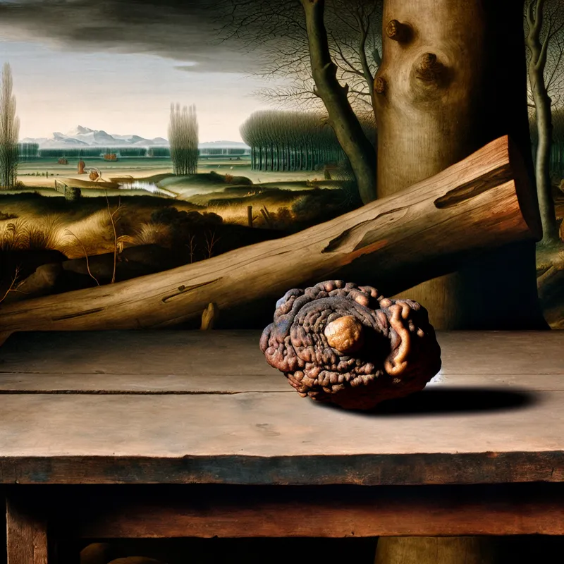 17e-eeuws Nederlands landschapsschilderij met een mysterieus voorwerp op een houten tafel, stijl van Jacob van Ruisdael