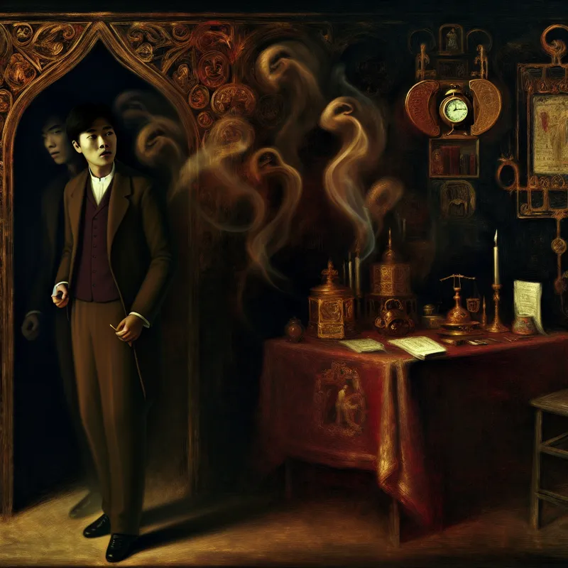 Een mysterieus figuur in een schemerige kamer, twijfelend aan de drempel, met een versierde tafel vol symbolen van verplichtingen op de achtergrond.