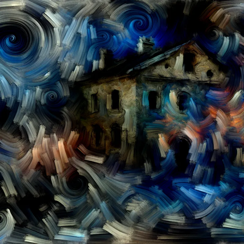 Abstract surrealistisch schilderij van een raadselachtig oud huis met chaotische penseelstreken en mysterieuze kleuren, geïnspireerd op Willem de Kooning