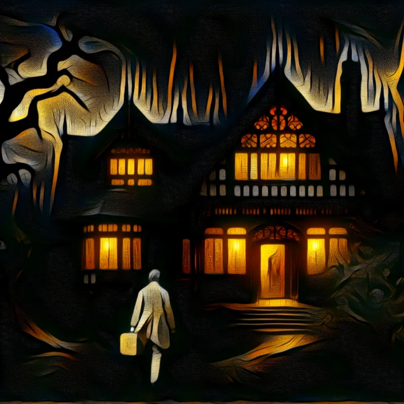 Een mysterieuze huiselijke scène met een figuur die naar een huis loopt, verlicht door warme lichten terwijl de duisternis toeneemt.