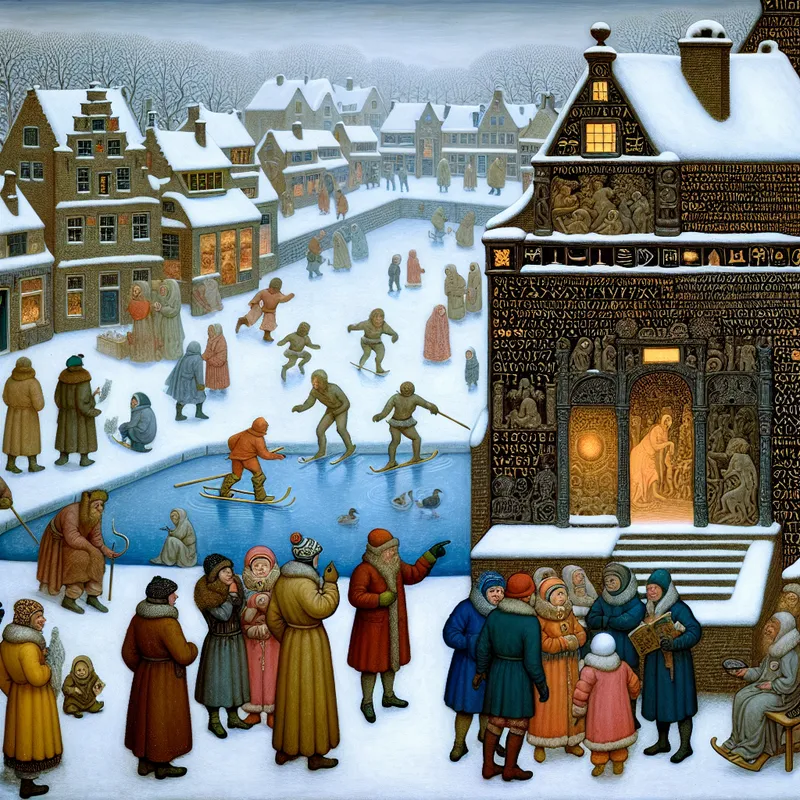 Wintertafereel met een geheimzinnig besneeuwd tempeltje aan een bevroren kanaal, waar mensen mysterieuze inscripties bestuderen, in de stijl van Hendrick Avercamp