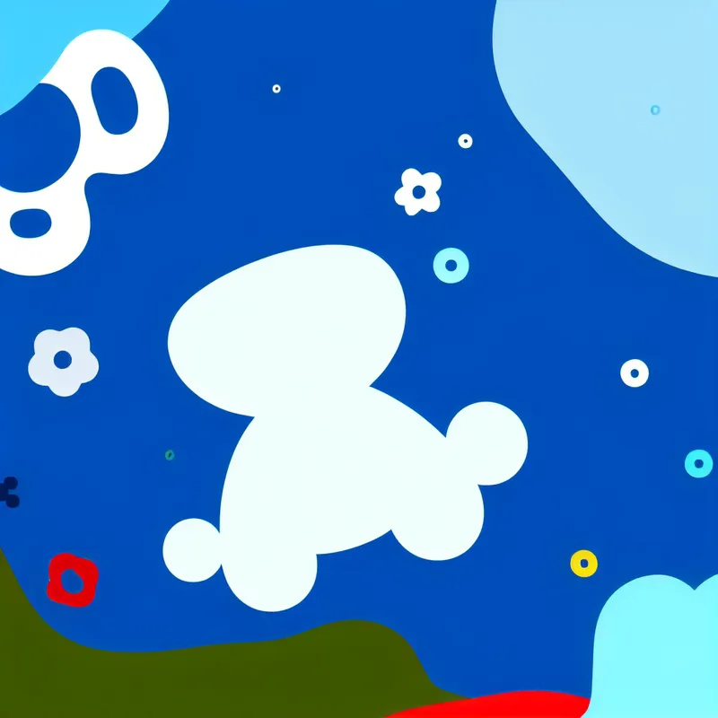 Een groot, mysterieus object omringd door kleurrijke abstracte vormen, tegen een heldere blauwe achtergrond.