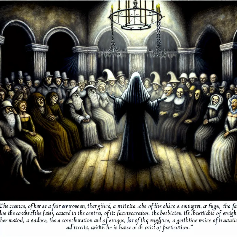 Een mysterieuze figuur in een donker, gothic decor die toezicht houdt op een groep mensen in animatie gesprekken.