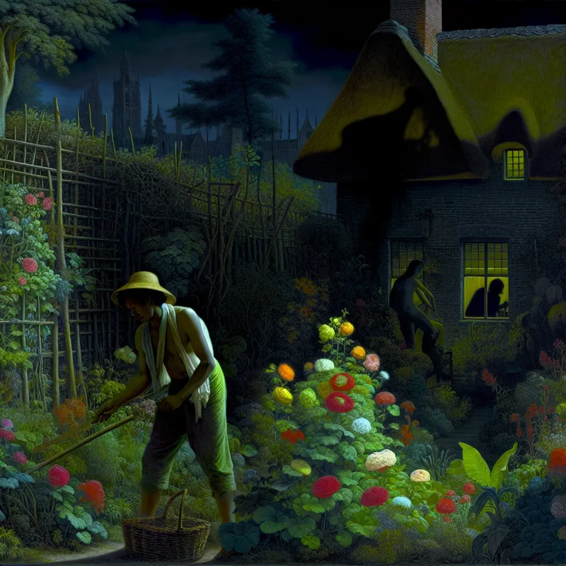 Een mysterieuze buurman observeert een man in zijn tuin vol bloemen, met een donker sfeertje.