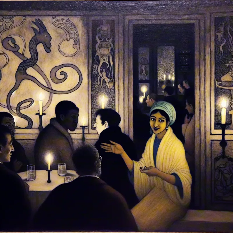 Een vrouw met een mysterieuze uitstraling interacteert vriendelijk met diverse bezoekers in een sfeervol café, verlicht door kaarslicht.