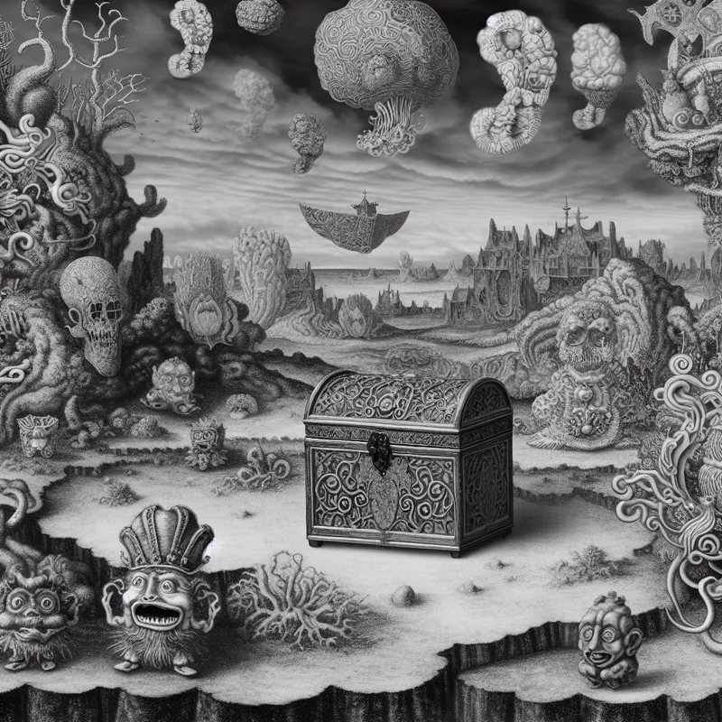 Surrealistische afbeelding van een mysterieuze, versierde doos omringd door bizarre, leuke wezens die proberen te raden wat erin zit.