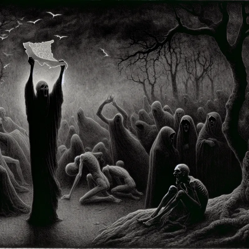 Mysterieuze, duistere scène met een anonieme menigte in een mistig landschap, terwijl een figuur een verfrommeld stuk papier vasthoudt.