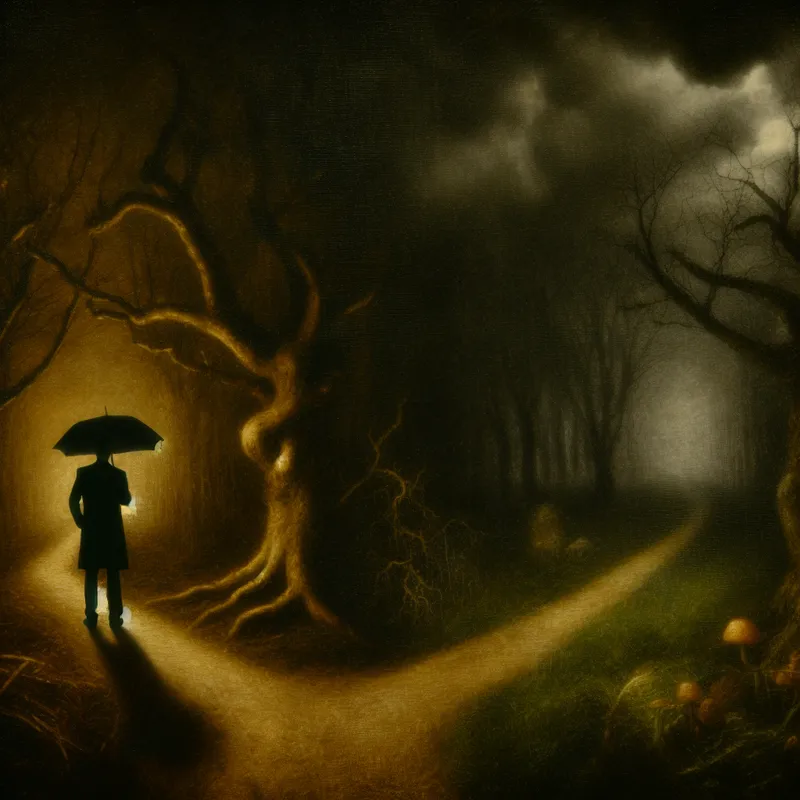 Een mysterieuze figuur staat bij een kruispunt in een donker bos, met een helder pad en een schaduwrijk pad, met een paraplu in de hand.