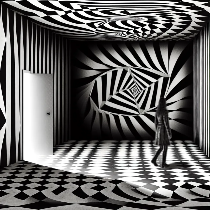 Een mysterieuze figuur verlaat een lege kamer vol geometrische patronen en optische illusies.