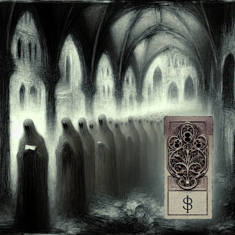 Een mysterieuze illustratie van een vintage ticket met een klein nummer in een donkere steeg met schaduwfiguren.