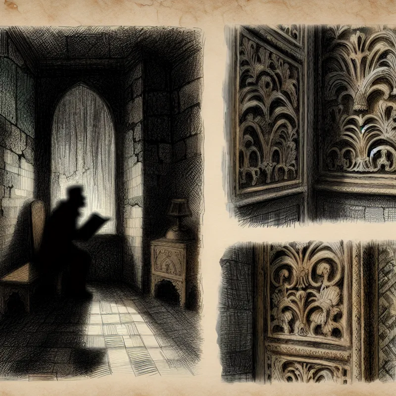 Donker verlichte kamer met schimmige figuur in de hoek, omringd door gotische details en een oude airconditioning die zachte geluidsgolven uitstraalt