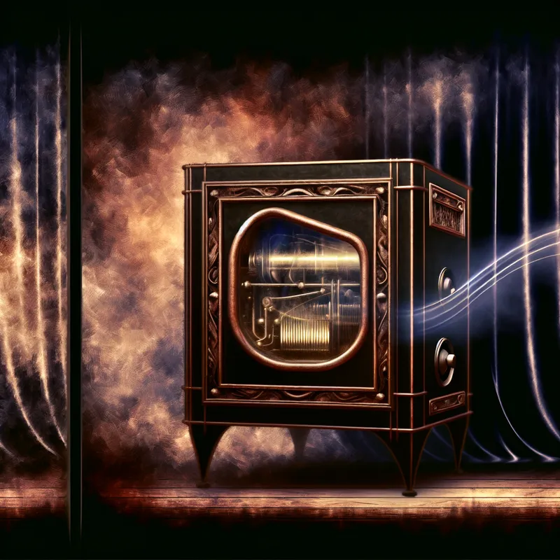 Een mysterieuze, sfeervolle kamer met een vintage kastje voor digitale TV dat open staat en complexe bedrading en gloeiende schermen onthult.