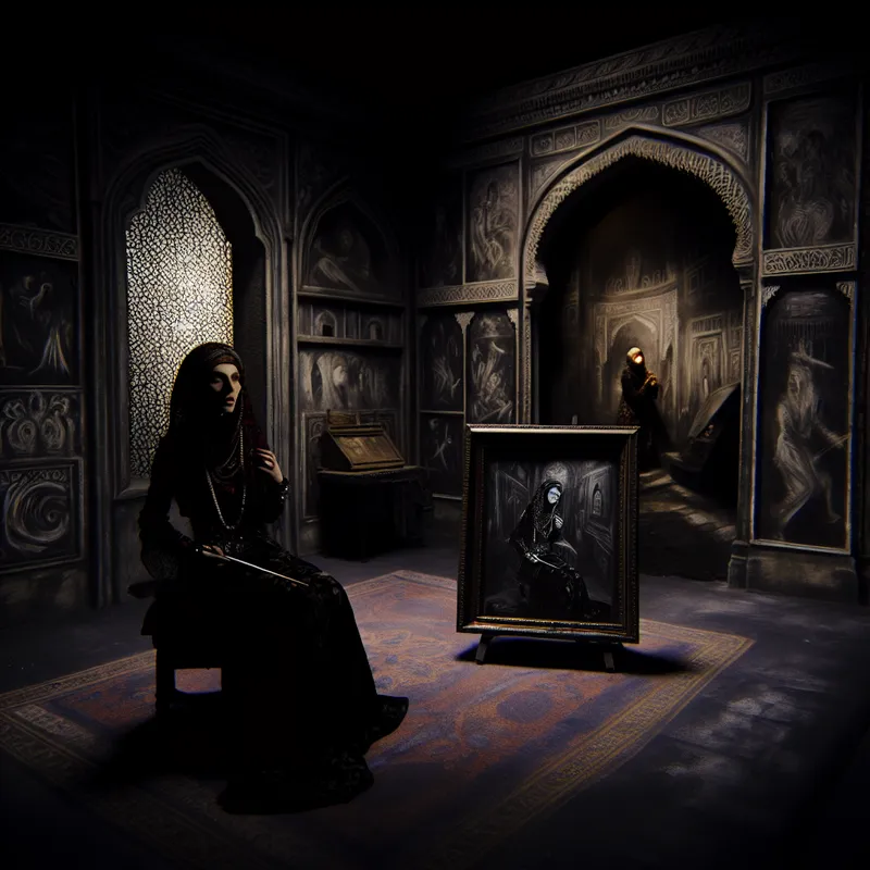 Mysterieuze artificiële studio met een elegante vrouw in een dramatische pose, omringd door gotische architectuur.