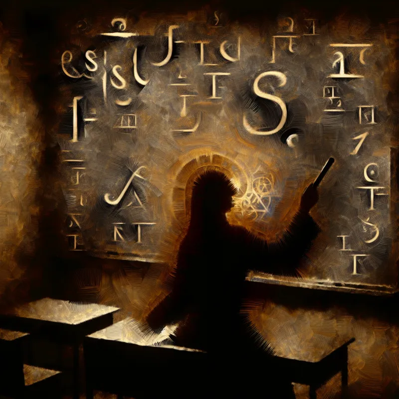 Leraar schrijft energiek met krijt op een zwart bord en creëert complexe symbolen en letters in een duistere klaslokaalomgeving