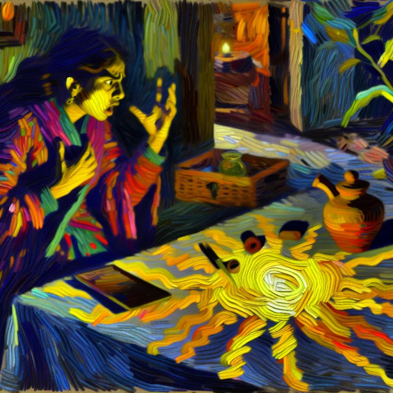 Een persoon met een bezorgde uitdrukking bekijkt een mysterieuze, gloeiende overeenkomst op een tafel.