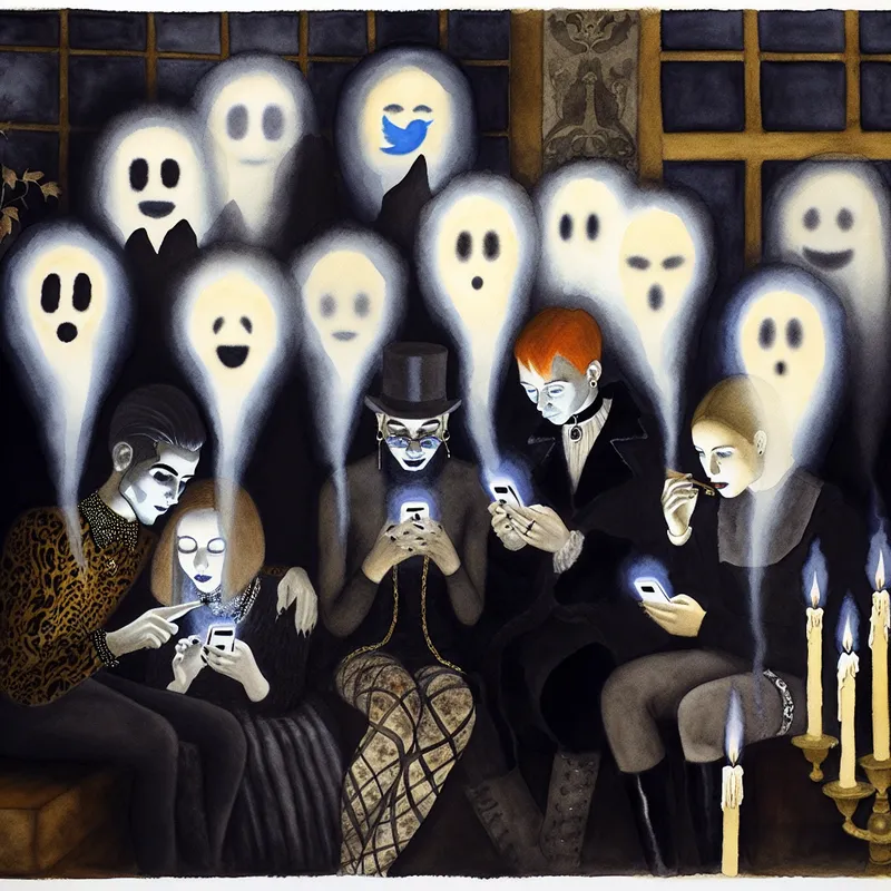 Een mysterieuze feestsfeer met jongvolwassenen die rondom een telefoon staan, terwijl ghost-achtige figuren hun online aanwezigheid bevestigen.