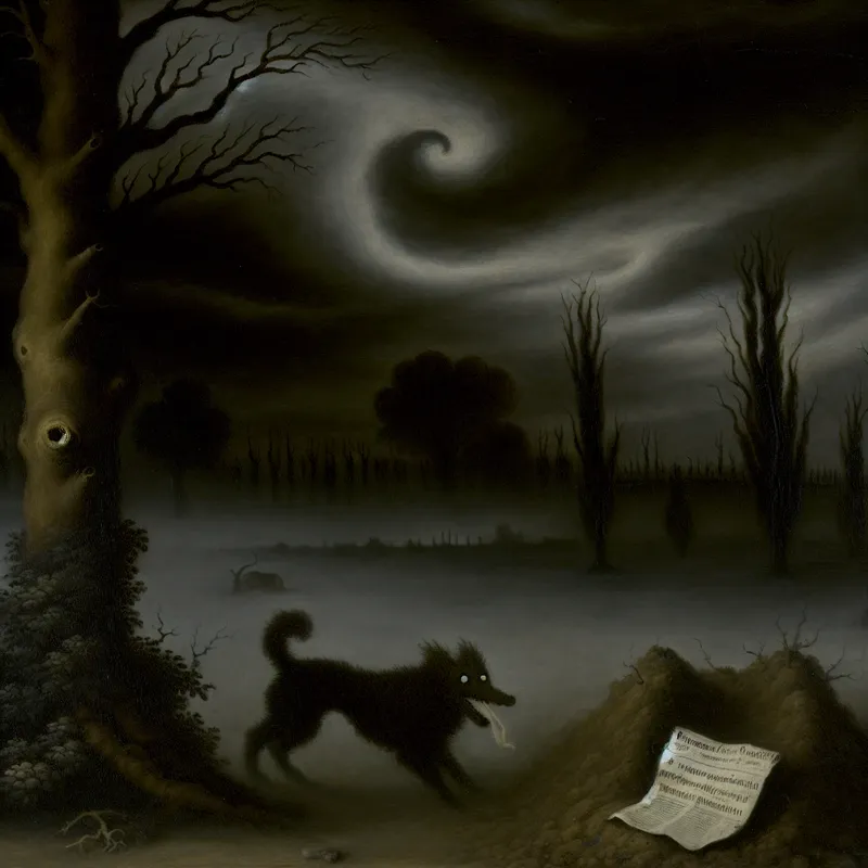 Een mysterieuze tuin in de schemering met een schaduwachtige hond en een dreigende boom, omringd door mist.