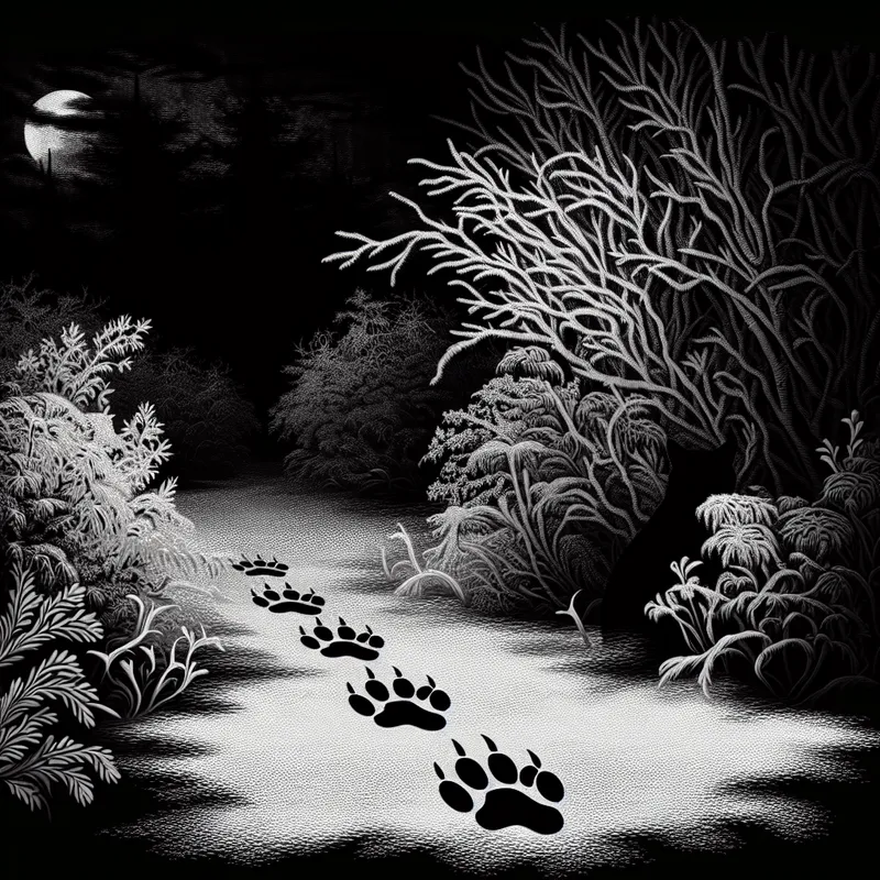 Een mysterieuze tuin bij nacht met een helder spoor van vossporen in de sneeuw.