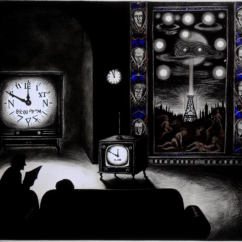 Een sfeervolle woonkamer met een antieke televisie die het nieuws toont, met '8:00 PM' in beeld.