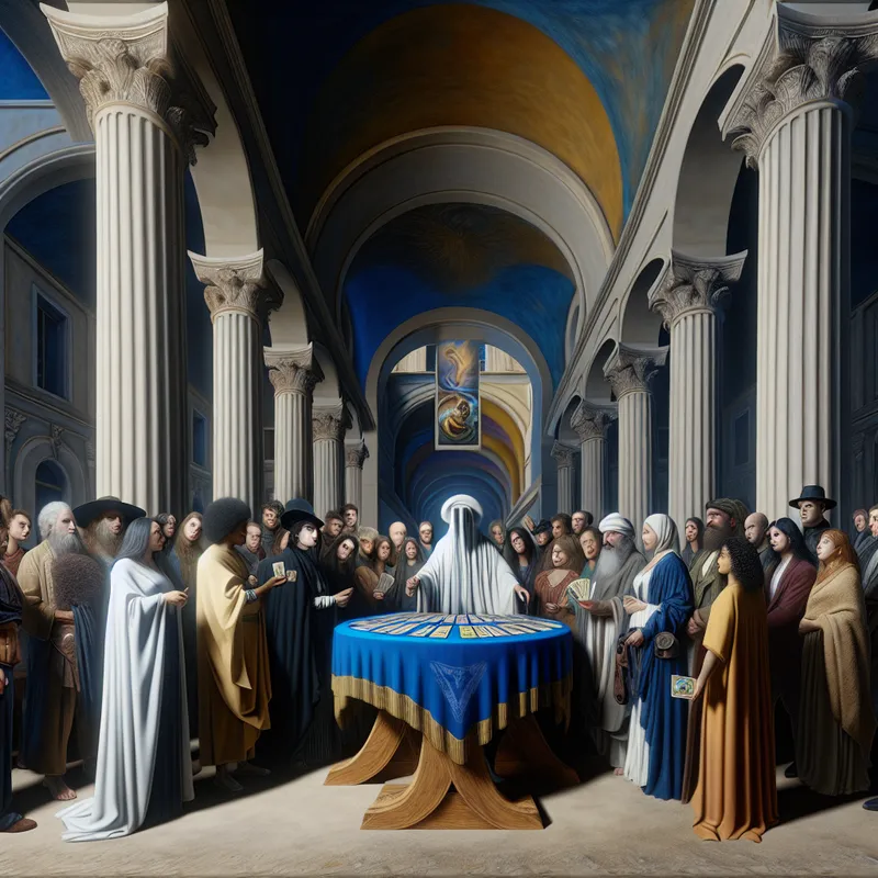Hyper-realistisch tafereel met mensen rond een grote tarottafel, terwijl een mysticus de kaarten interpreteert.