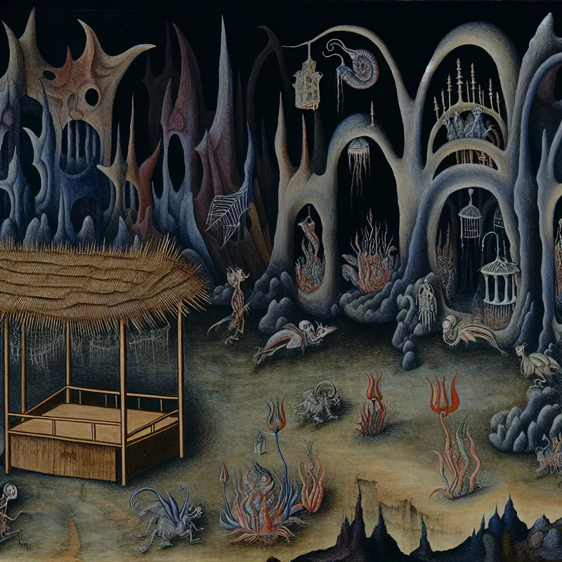 Surrealistisch beeld van een mystieke markt met bizarre wezens en een leeg kraam met verwelkte planten, weergegeven in een duistere sfeer.