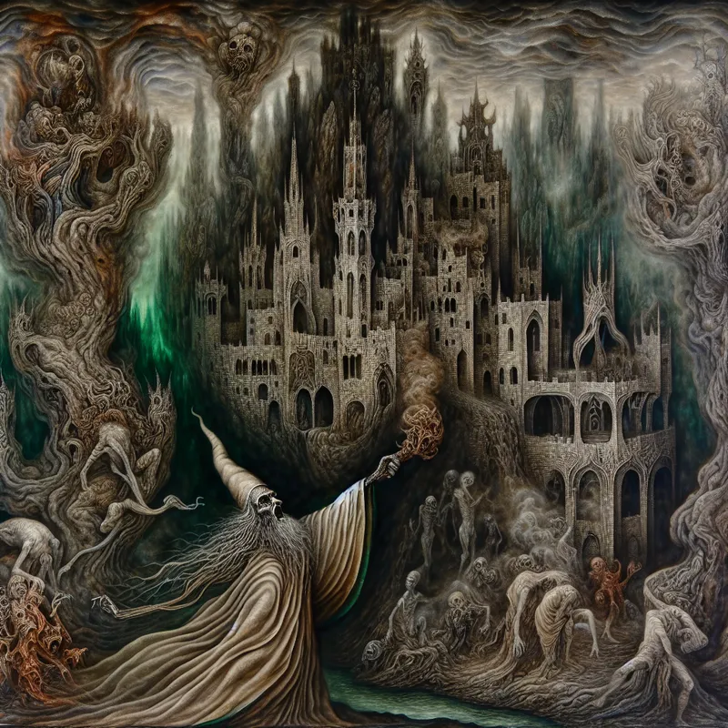 Een duistere, surrealistische afbeelding van een oud kasteel in mist, met een tovenaar die een vloek uitspreekt.