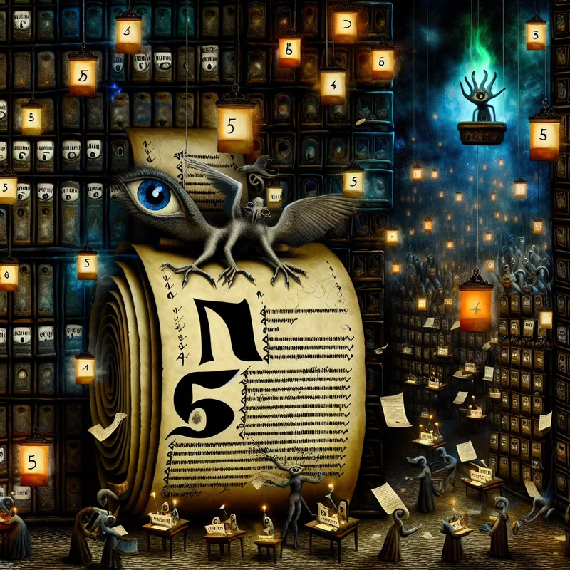 Surrealistisch kantoor van Hieronymus Bosch met demonische klerken en een groot boek waarin 'N 5' als afkorting voor nummer oplicht tussen middeleeuwse administratie