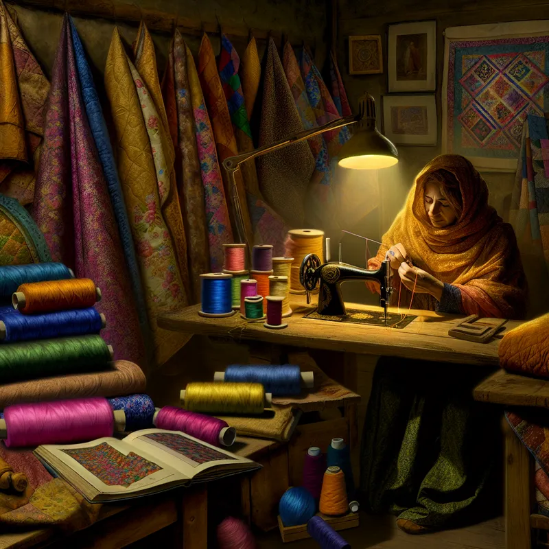 Een ambachtsvrouw naait met een heldere kleur garen in de naald bij een houten werktafel omringd door stofstukken en een quiltboek.