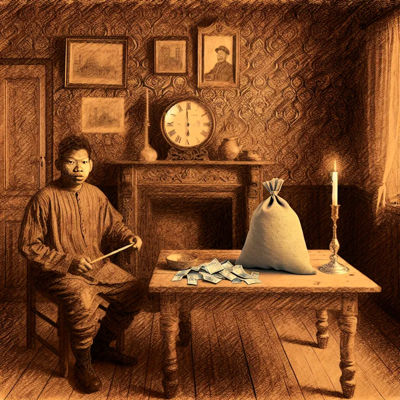 Illustratie van een persoon met een lege geldzak in een nostalgische kamer, symboliserend de naakte waarheid van financiële problemen