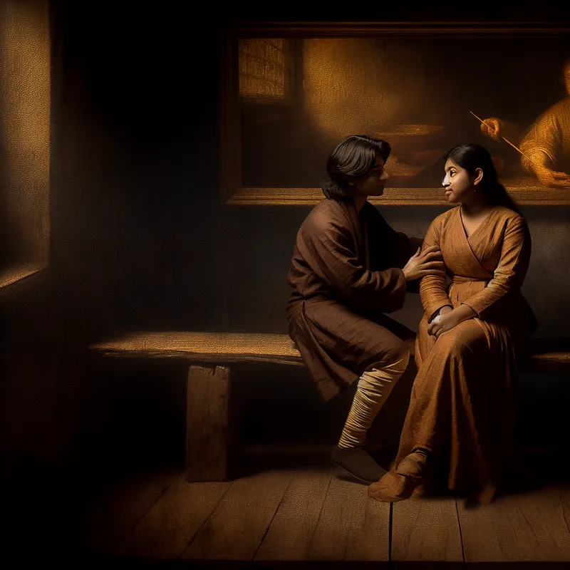 Twee mensen zitten dicht bij elkaar op een houten bank in een warm verlichte kamer, met nadruk op nabijheid en emotionele verbondenheid in Rembrandt-stijl