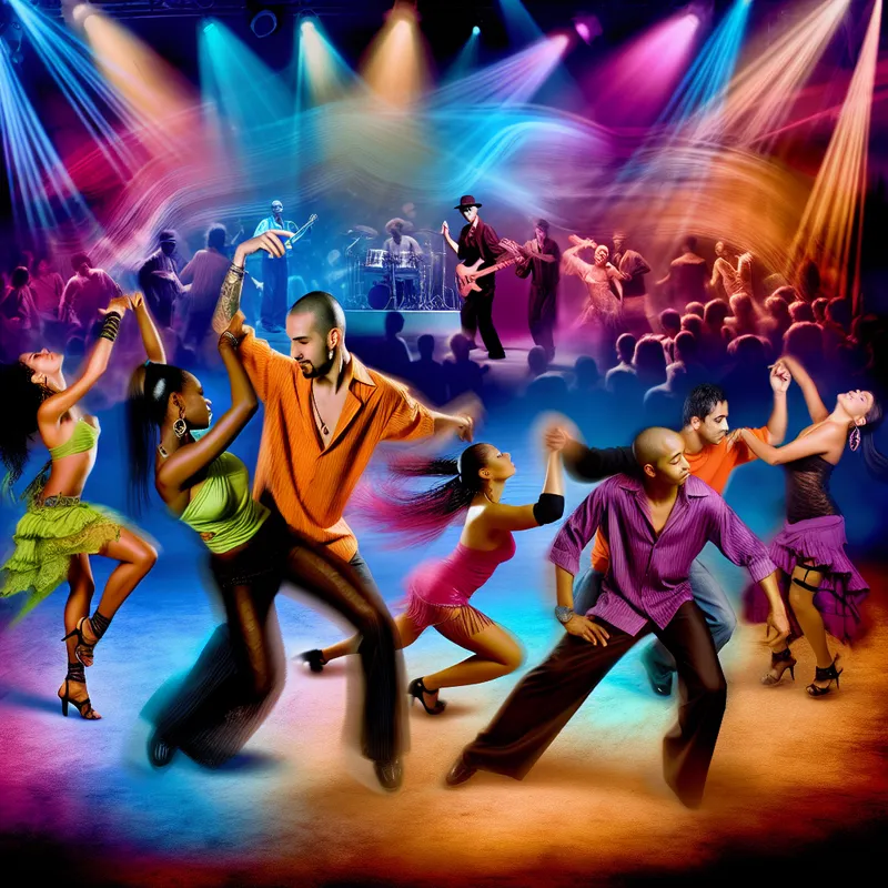 Een levendige scène van een nachtclub met mensen die energiek dansen onder kleurrijke verlichting.